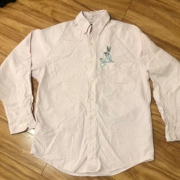 Vintage 90s Warner bros bugs bunny pink pinstriped button down - Picture 1 of 3